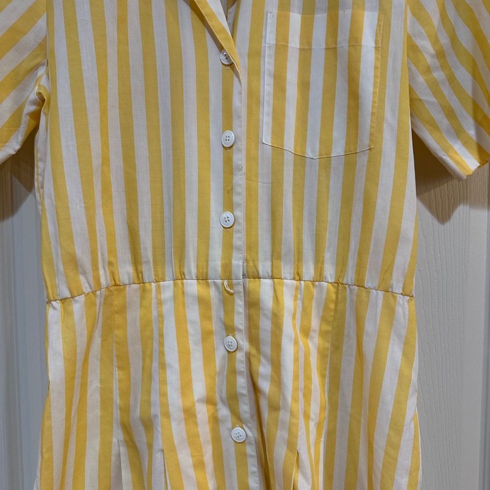 Vtg‎ Liz Claiborne Vintage Yellow White Striped Dress Petite 8 Button Front Midi - Picture 4 of 12